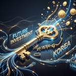 A conceptual digital art of a giant, majestic golden key overlapping with a stylized silhouette of the South Korean map, transforming into a glowing network of fiber optic cables connecting to global financial hubs like Singapore, New York, and London. On a premium dark background, subtle holographic words "FUTURE INVESTMENT" and "KOREA" are visible. Elegant particles of light and golden coins rising upwards, symbolizing exponential growth and sovereign wealth fund expansion. Hyper-detailed, high contrast, studio lighting, vector-blended look with cinematic realism, corporate branding style.