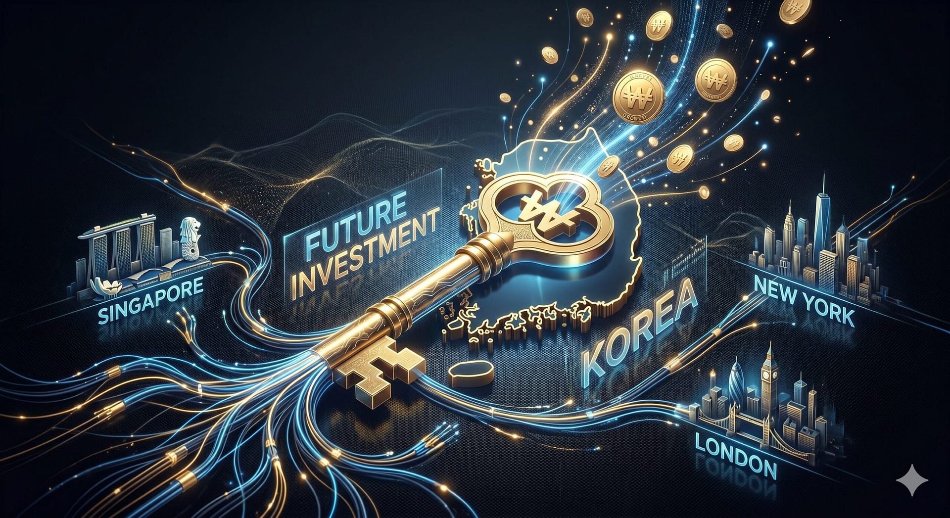 A conceptual digital art of a giant, majestic golden key overlapping with a stylized silhouette of the South Korean map, transforming into a glowing network of fiber optic cables connecting to global financial hubs like Singapore, New York, and London. On a premium dark background, subtle holographic words "FUTURE INVESTMENT" and "KOREA" are visible. Elegant particles of light and golden coins rising upwards, symbolizing exponential growth and sovereign wealth fund expansion. Hyper-detailed, high contrast, studio lighting, vector-blended look with cinematic realism, corporate branding style.