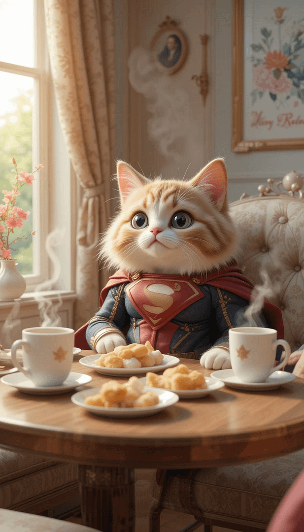 a cat wearing a garment sitting at a table with food